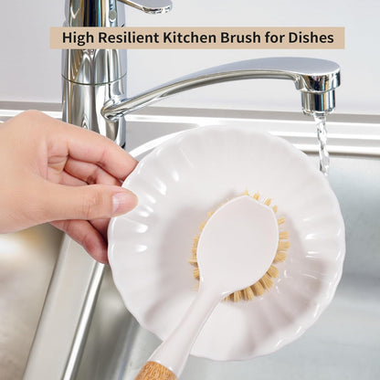 Kitchen Dish & Cast Iron Brush with Scraper, [2 Pack] Skillet Scrub Cleaner with Handle, Kitchen Cleaning Scrubber for Dishes, Pots, Cast Iron Skillet, Non-Stick Frying Pans, Sinks and House Cleaning