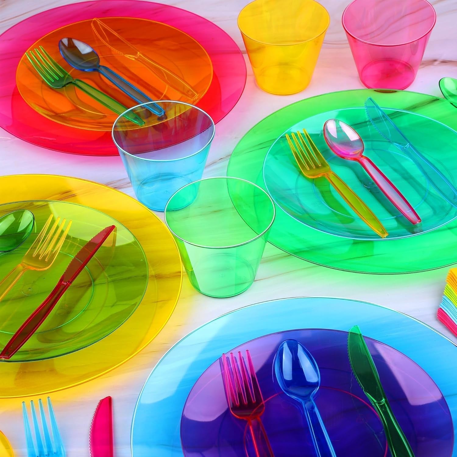 112 PCS Neon Party Supplies Serves 16 Including 7.5 & 10.25 in Disposable Plastic Neon Plates 9 Oz Cups Cutlery Napkins Tableware Set Dessert Cake Plates for Blacklight Party Birthday