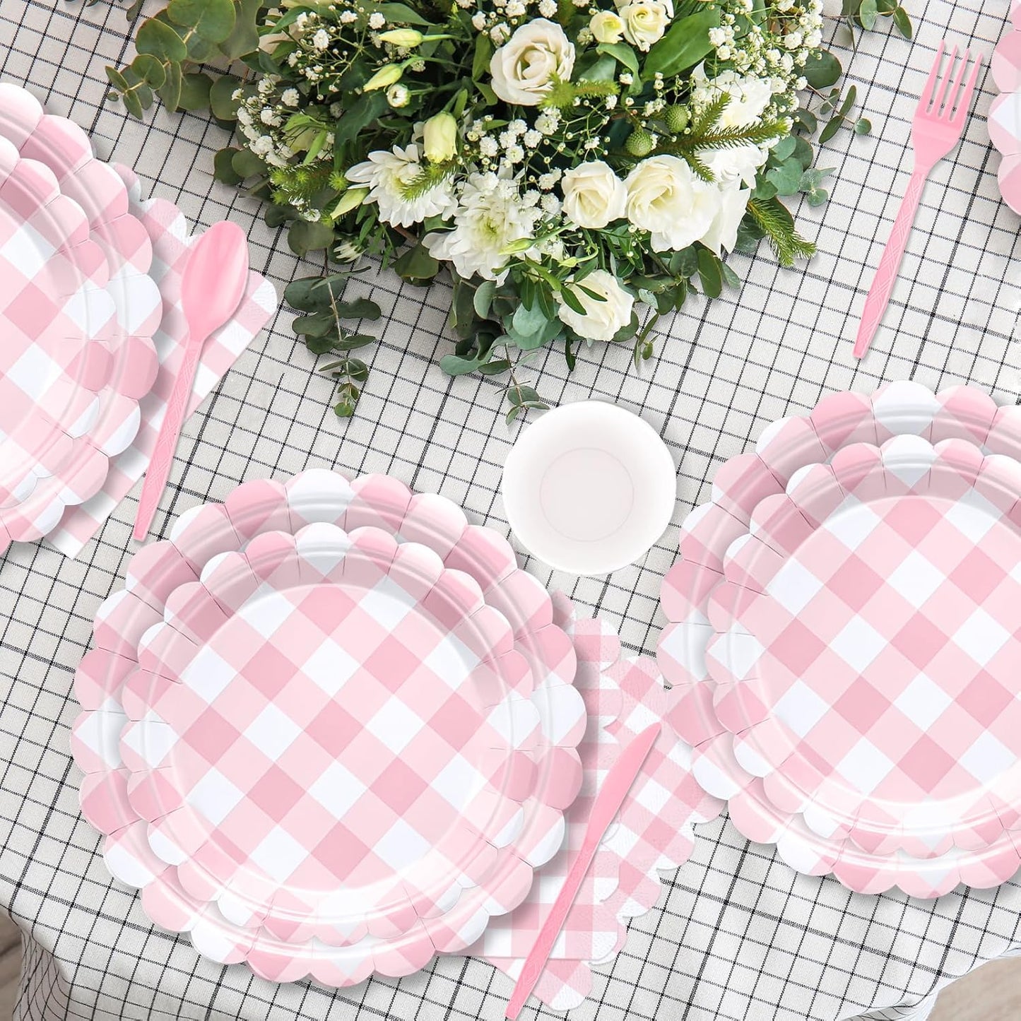176 PCS Pink and White Gingham Plates and Napkins, Light Pink Checkered Disposable Plates Set with Napkins Cups Plastic Spoons Forks Knives for Birthday Baby Shower Wedding Supplies Serve 25 Guests