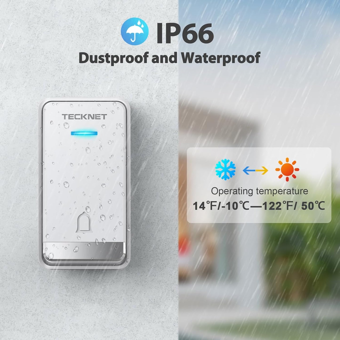 Wireless Doorbell, Self-Powered Doorbell, 0-110Db Plug-Through Wireless Doorbell Ringer for Homes Classroom, IP66 Waterproof 1300Ft Door Chime with Extra Socket, 60 Chimes, LED Light (White)