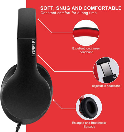 X6 Over-Ear Headphones with Microphone, Lightweight Foldable & Portable Stereo Bass Headphones with 1.45M No-Tangle,Wired Headphones for Smartphone Tablet MP3 / 4 (Black-Red)