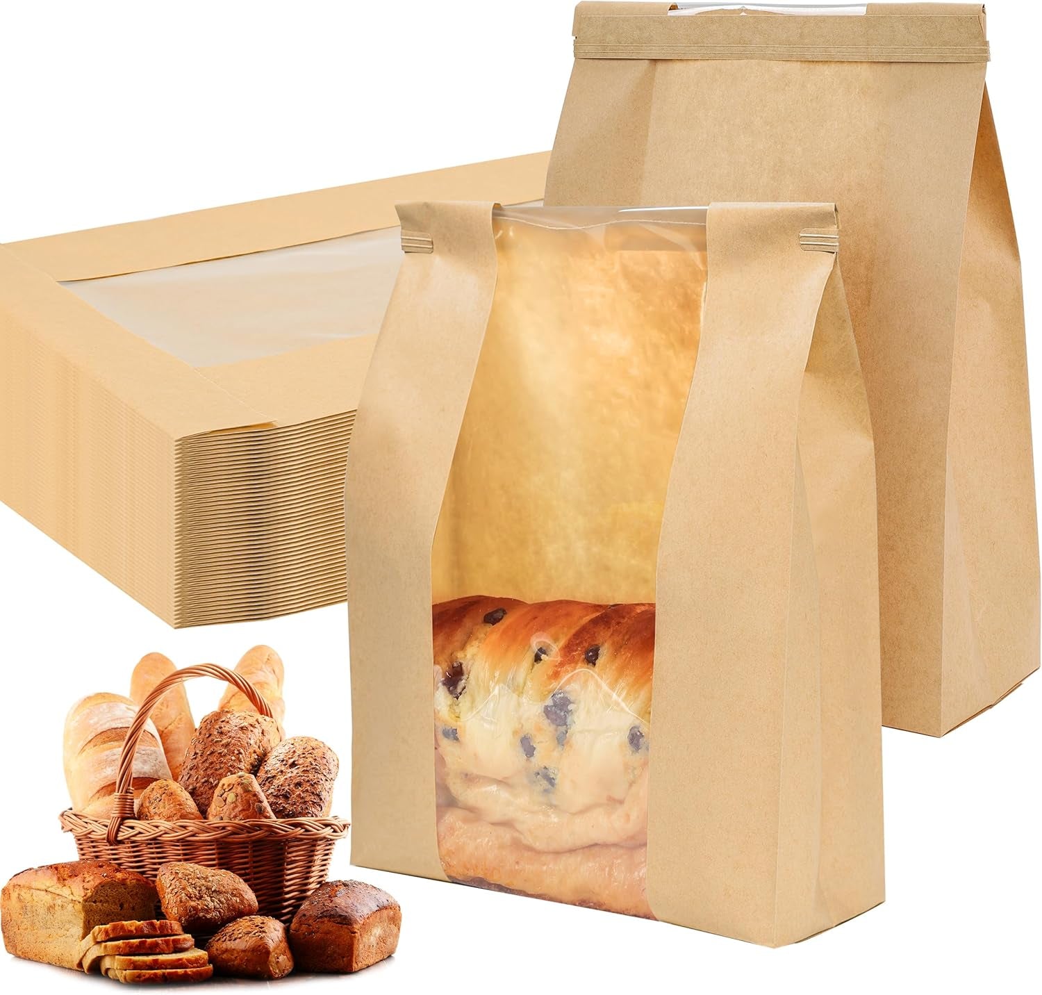 50 Pack Sourdough Bread Bags for Homemade Bread with Tin Tie Tab Lock Bakery Bags with Window Kraft Bag for Toast Sandwich Cookie Snacks Packaging Storage and Gifting(8.27X13.6X3.54In)