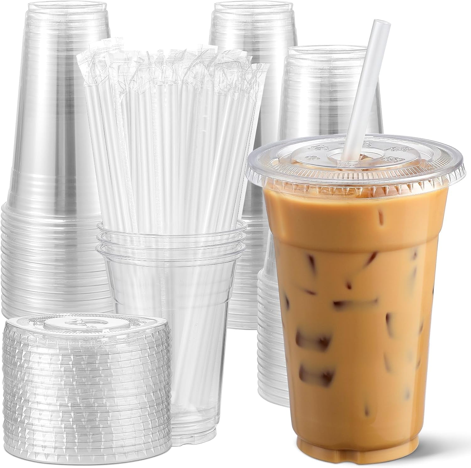 [100 Sets 12 Oz Clear Plastic Cups with Lids and Straws, Disposable Cups with Lids for Iced Coffee, Smoothie, Milkshake and Cold Drinks.