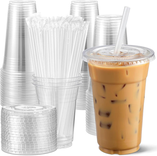[100 Sets 12 Oz Clear Plastic Cups with Lids and Straws, Disposable Cups with Lids for Iced Coffee, Smoothie, Milkshake and Cold Drinks.