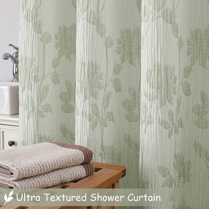 Yellow Green Stall Shower Curtain, Floral Crinkled Soft Fabric Shower Curtain for Bathroom, Modern Farmhouse Textured Cute Boho Bath Decor, Machine Washable, 36Wx72L Inches
