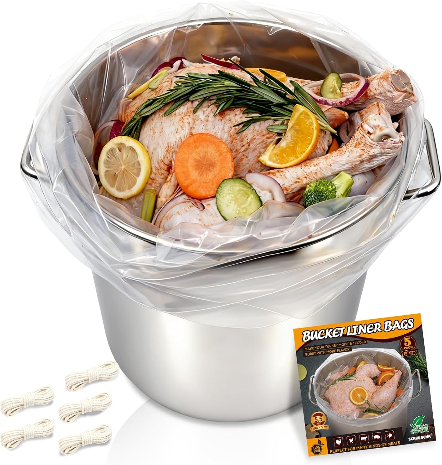 Turkey Brine Bags, 5 Gallon Bucket Liner Bags, 5.5 Mil, 5 Pack - 30" X 21", BPA Free Brining Bags for Turkey, Leak-Proof Liner for Bucket, Brine Kit with Strings - Thanksgiving, Christmas Essentials