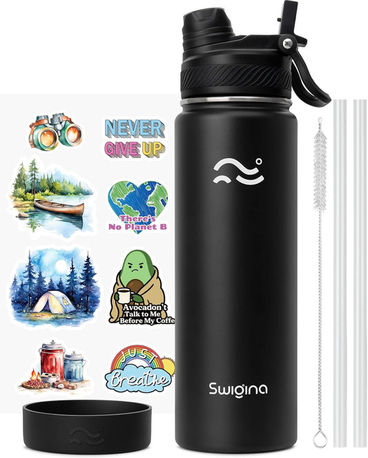 [2-IN-1 LID] Insulated Water Bottle with Silicone Boot (36Hrs Cold/18Hrs Hot) - DIY Stickers, Leakproof, BPA Free, Black, 24 Oz