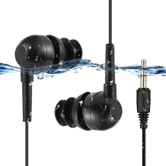 IPX8 Waterproof In-Ear Earphones, Coiled Cable Swimming Earbuds with Stereo Audio Extension Cable, Wired,Black