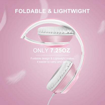 X8 Over-Ear Wired Headphones with Microphone with 1.45M-Tangle-Free Nylon Line&3.5Mm Plug,Lightweight Foldable & Portable Headphones for Smartphone,Tablet,Computer,Mp3/4（Pearl Pink）