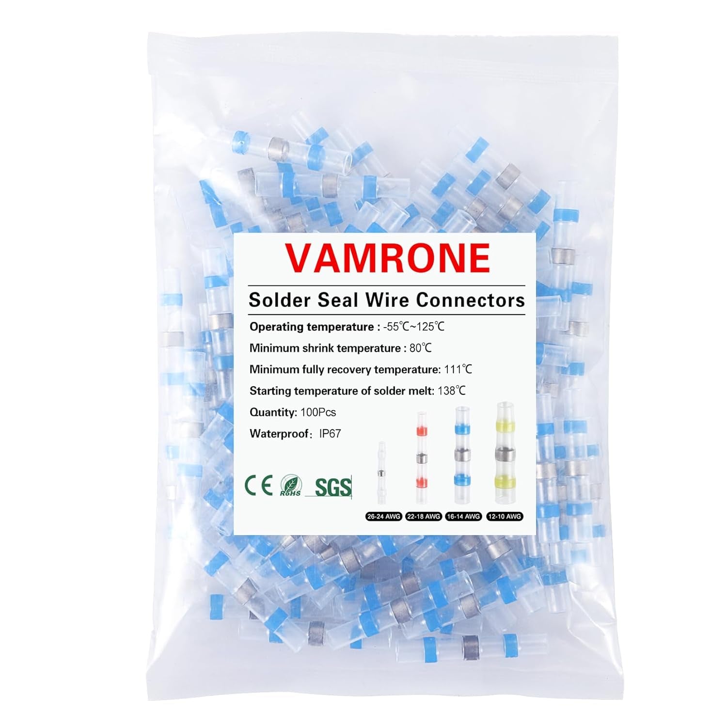 100PCS Waterproof Solder Seal Wire Connectors AWG 16-14, Blue Heat Shrink Butt Connectors Terminals Solder Sleeve Wire Splice Connector for Marine Boat Wire Joint