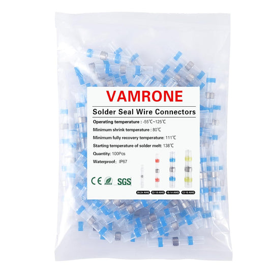 100PCS Waterproof Solder Seal Wire Connectors AWG 16-14, Blue Heat Shrink Butt Connectors Terminals Solder Sleeve Wire Splice Connector for Marine Boat Wire Joint
