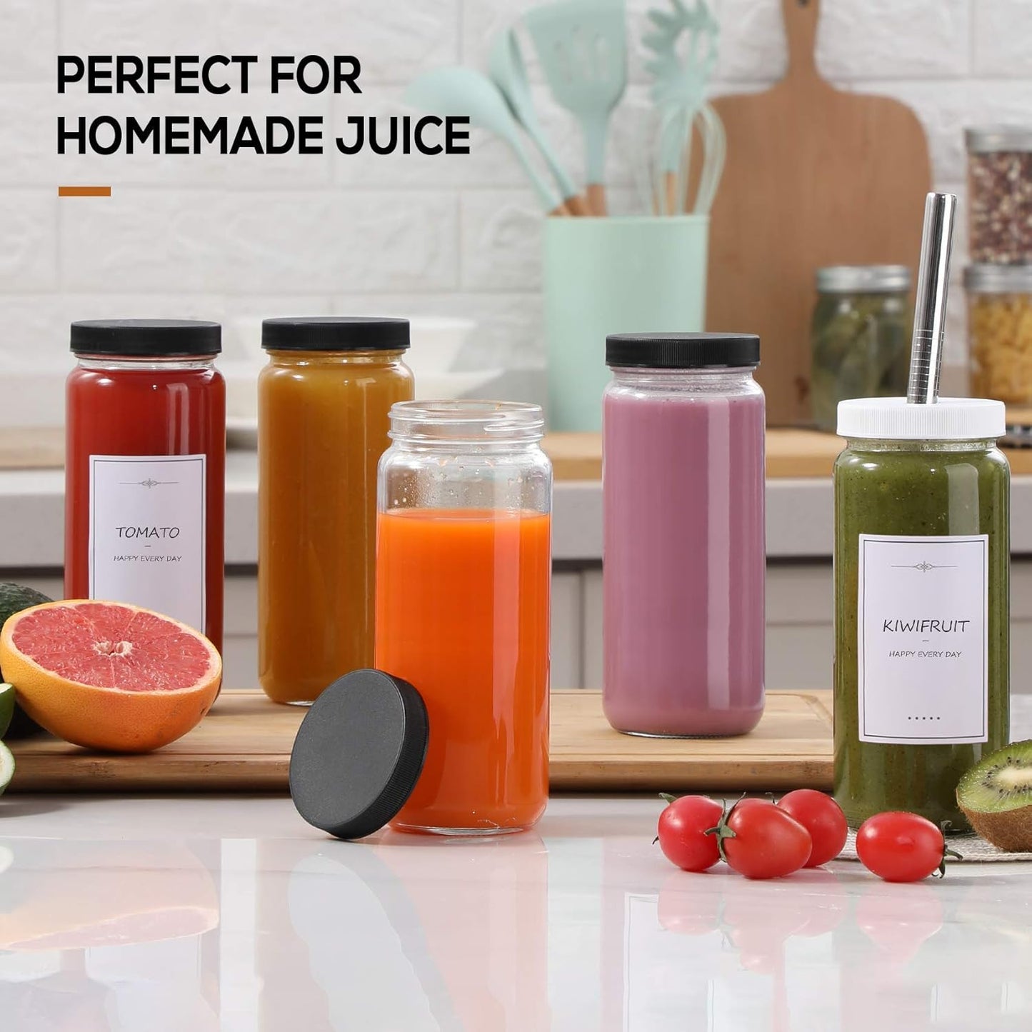 [ 8 Pack ] Glass Juicing Bottles with 2 Straws & 2 Lids W Hole- 16 OZ Travel Drinking Jars, Water Cups with Black Airtight Lids, Reusable Tall Mason Jar for Juice, Bubble Tea, Smoothie, Tea, Kombucha