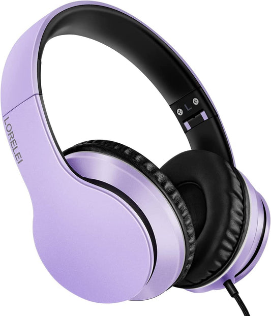 X6 Over-Ear Headphones with Microphone, Purple-Black Lightweight Foldable & Portable Stereo Bass, Wired for Smartphone & Tablet, MP3 (1.45M No-Tangle)