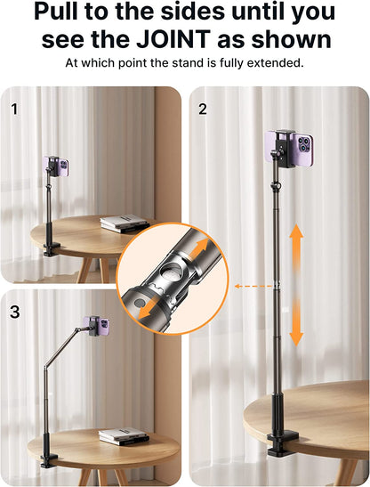Phone Holder for Desk and Bed Compatible with Iphone 16 15 14 13 12 Overhead Phone Mount Gooseneck Phone Stand Flexible 360 Lazy Long Arm Clamp Clip for Table Bedside [1-Pack, Black]