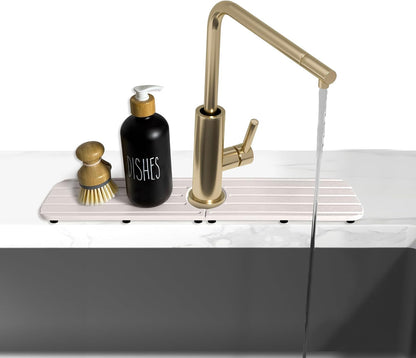 Zumenda 17Inch X 4Inch Kitchen Sink Faucet Mat, Water Absorbing Stone Faucet Splash Guard for Bathroom Counter, Quick Drying Diatomite Tray for Kitchen Sink, White