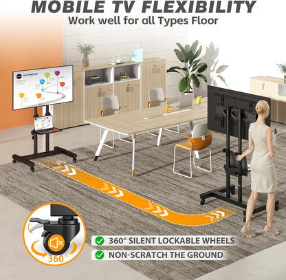 Heavy Duty Rolling TV Stand with Power Outlet for 32-83 Inch Tvs, Height Adjustable Mobile TV Cart on Wheels Holds up to 110 Lbs, Outdoor TV Stand Trolley, Max VESA 600X400Mm