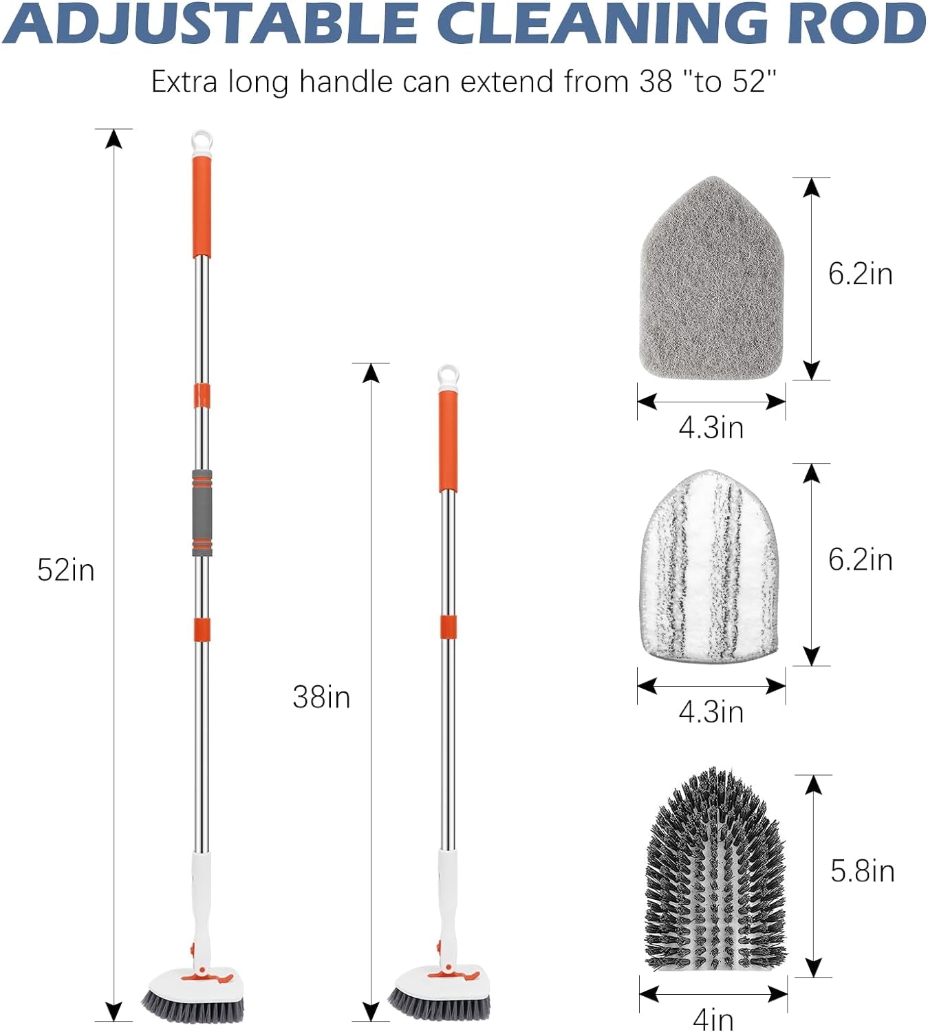 Floor Scrub Brush, 3-In-1 Tile Tub Floor Scrubber with 52-Inch Adjustable Long Handle Shower Cleaner and 3 Detachable Replacement Brush Heads for Cleaning Bathroom Kitchen Walls Tub Tile