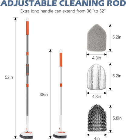 Floor Scrub Brush, 3-In-1 Tile Tub Floor Scrubber with 52-Inch Adjustable Long Handle Shower Cleaner and 3 Detachable Replacement Brush Heads for Cleaning Bathroom Kitchen Walls Tub Tile