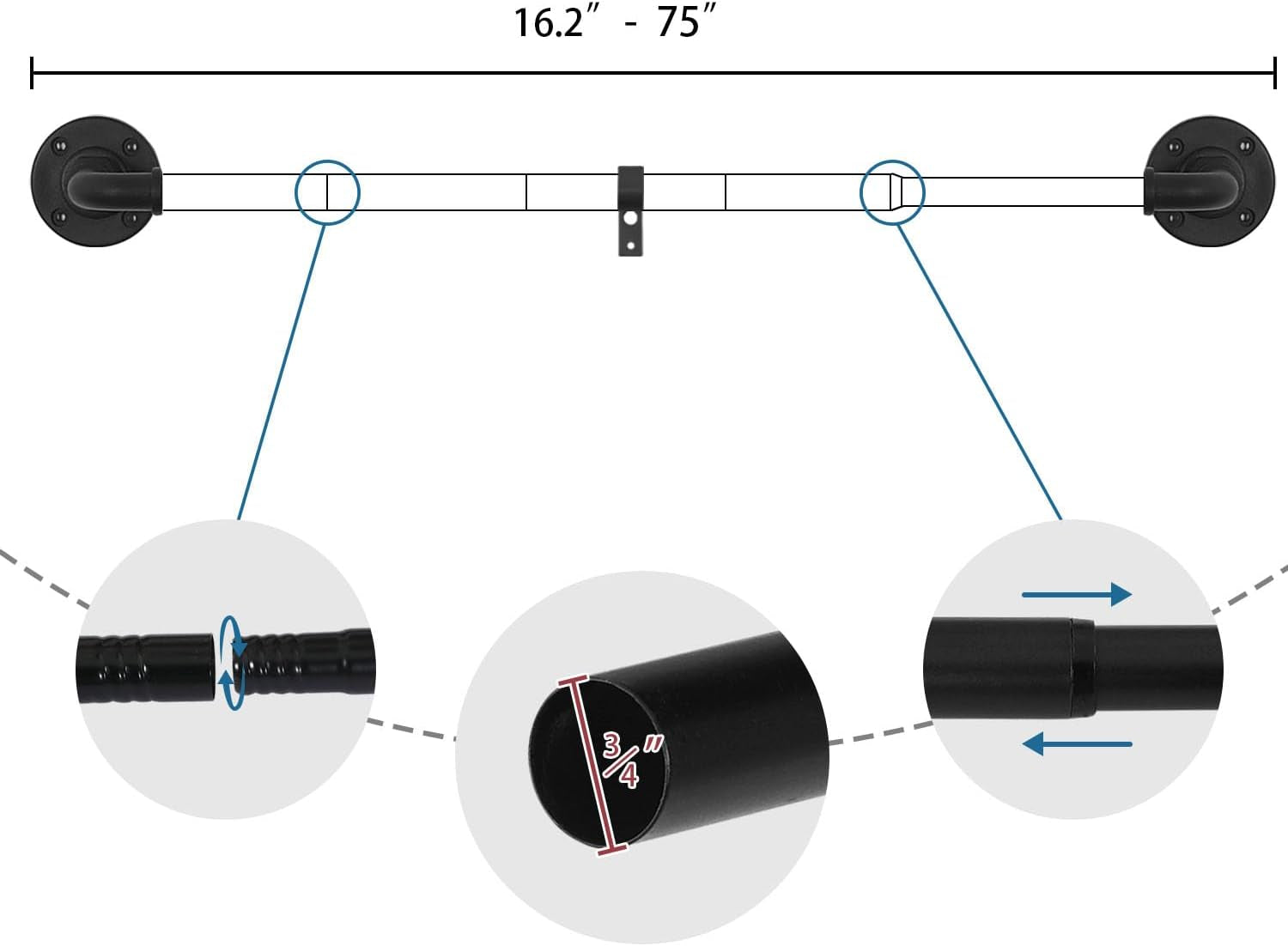 Wrap around Curtain Rods for Windows 16.2 to 75 Inch, 3/4 Inch Diameter Industrial Telescoping Curtain Rod, Splicing Adjustable Window Rods for Indoor/Outdoor, Black