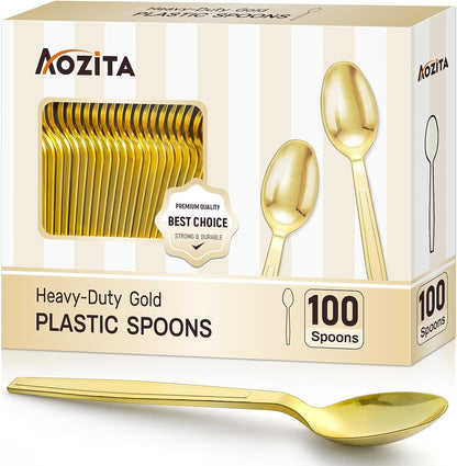 100 Gold Disposable Plastic Spoons, Heavy Weight Disposable Spoons Plastic Utensils for Parties, Weddings, Picnics, Big Event, Daily Use - BPA FREE