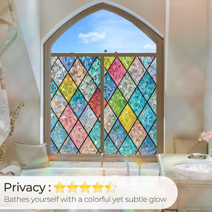 Window Privacy Film Stained Glass, Rainbow Window Film Decorative for Bathroom, Peel and Stick Window Cling Removable(Lattice,17.7 X 78.7 Inches)