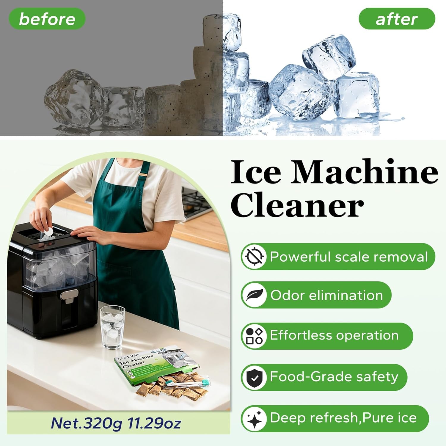 Ice Machine Cleaner Descaler Tablets (32Pack) with 2 Cleaning Brushes,Ice Maker Cleaner Ideal for Frigidaire,Opal,Ge Profile, Kitchenaid Countertop Units.Removes Lime Scale,Calcium.