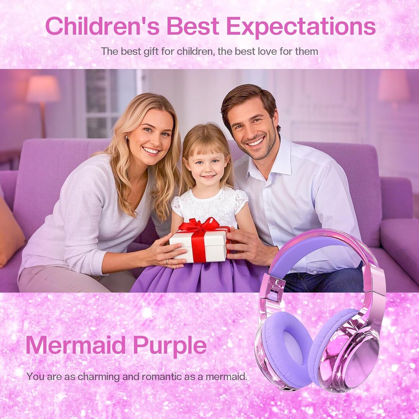 Kids Bluetooth 5.3 Headphones, Wireless Metallic Gradient Headset, Lightweight Foldable on Ear Headphones with Aux Cord, Fast Charging, Built-In Mic, for School/Travel/Tablet/Ipad