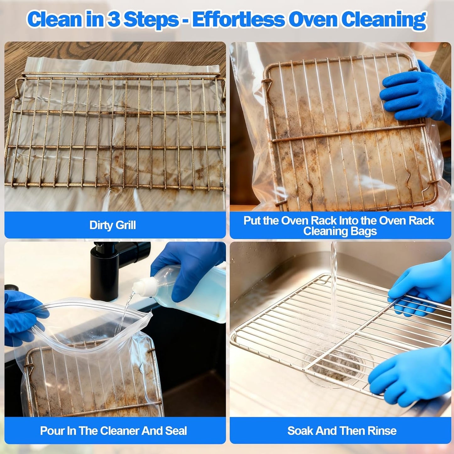 Oven Rack Cleaning Bags, Heavy Duty No Scrub Oven Rack Cleaning Bags, Reusable Leak-Resistant PE Bags for Deep Soaking Grill Grates, BBQ Racks, No Cleaner Included, 5 Pack