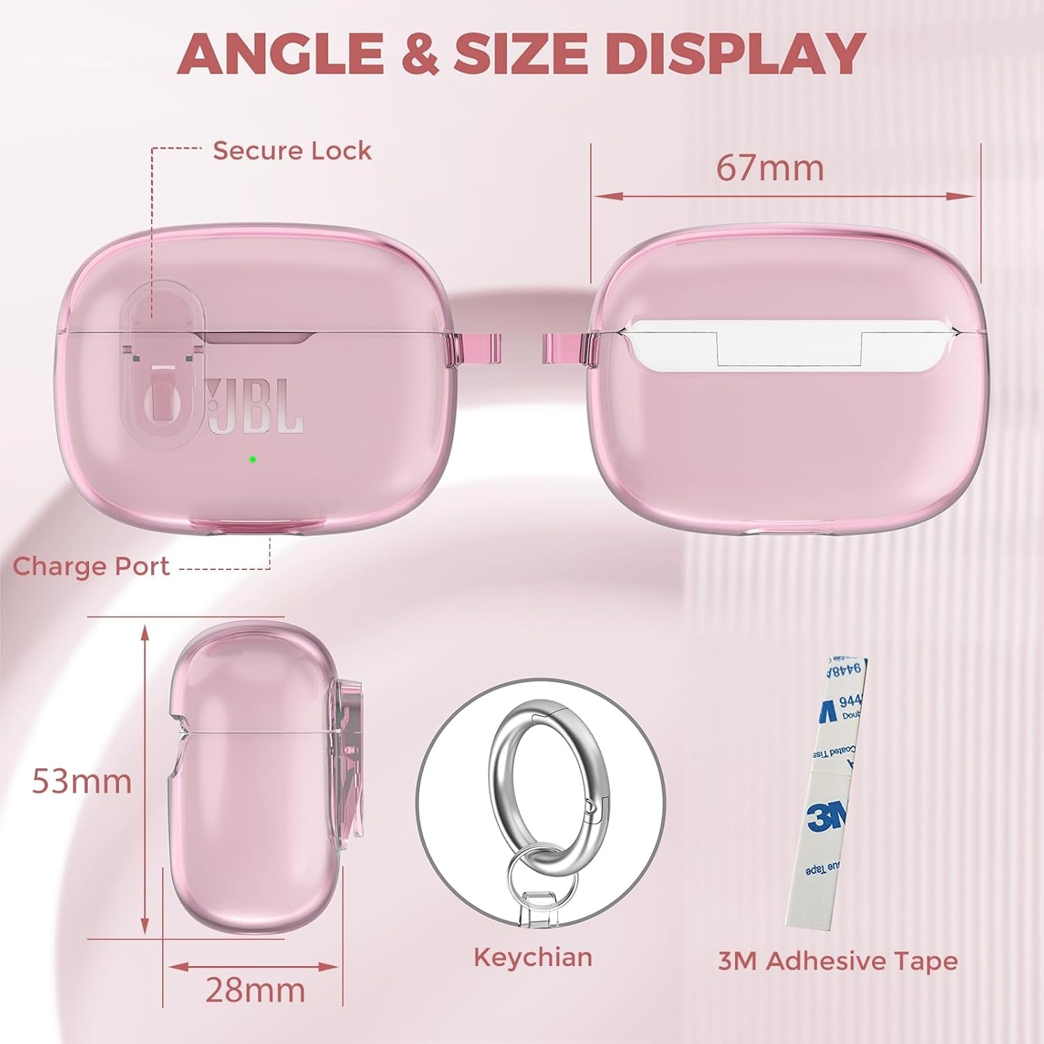 Compatible with JBL Vibe 200TWS/JBL Vibe Beam/Beam 2 Case Cover Clear Lock Clip with Cleaner Kit, Transparent TPU Protective Cover Men Women with Carabiner for JBL Vibe Beam 2 Charging Case - Pink