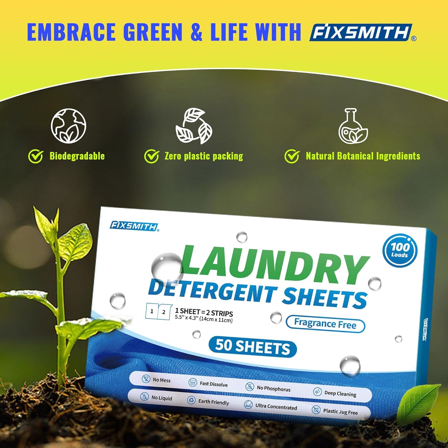 Laundry Detergent Sheets - 100 Loads (50 Sheets) Fragrance Free - Hypoallergenic,Unscented,Eco Friendly Laundry Detergent Strips Concentrated Travel Detergent Sheets.Plastic-Free,Liquidless