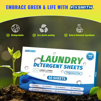 Laundry Detergent Sheets - 100 Loads (50 Sheets) Fragrance Free - Hypoallergenic,Unscented,Eco Friendly Laundry Detergent Strips Concentrated Travel Detergent Sheets.Plastic-Free,Liquidless