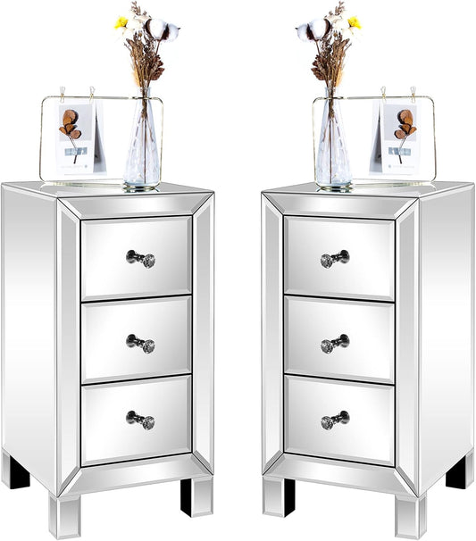 Set of 2 Mirrored Nightstands with 3 Drawers - Silver End Tables for Bedroom and Living Room, Ideal for Small Spaces