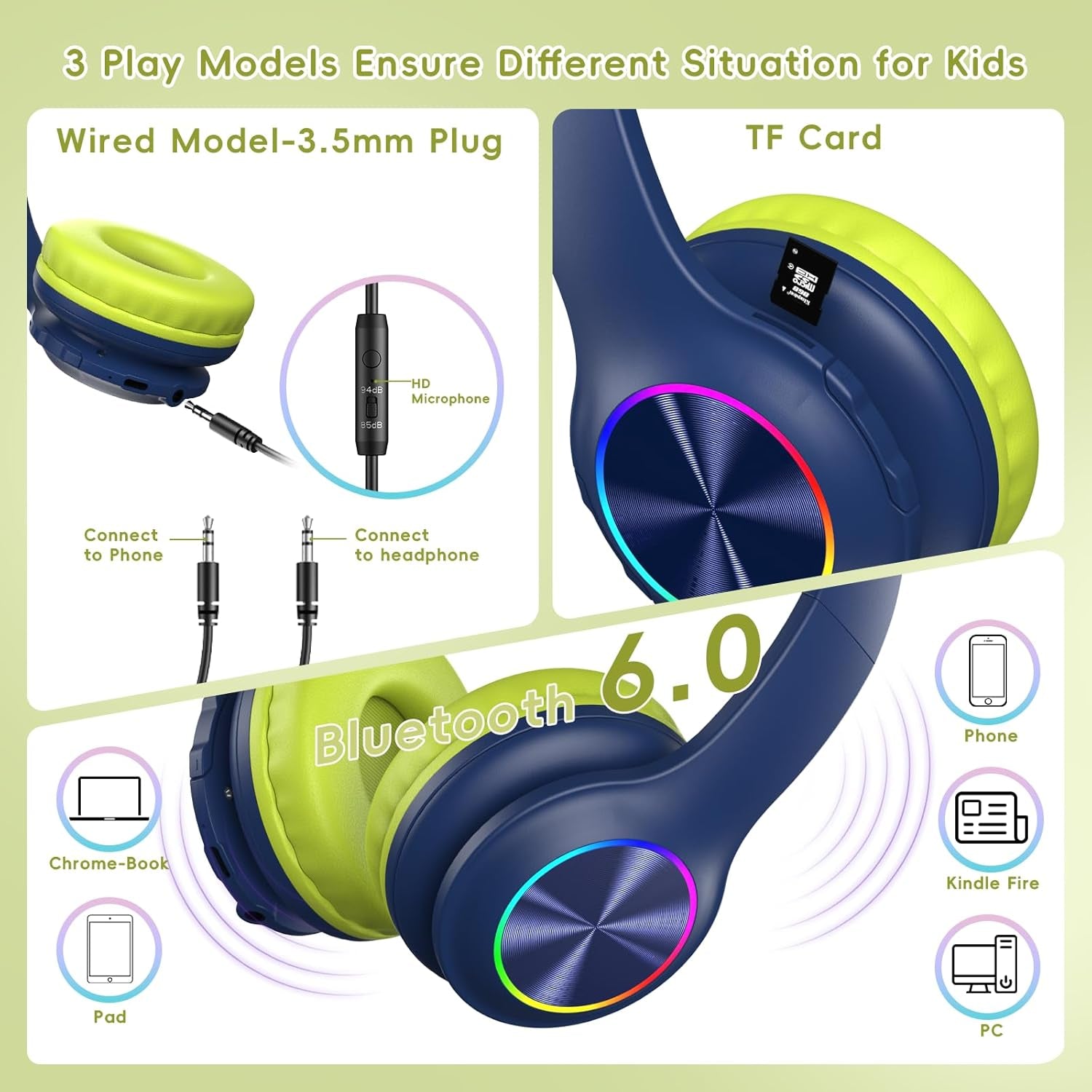 Kids Bluetooth 6.0 Headphones with LED Light, 85Hours Playtimes, Type-C Fast Charging, 85/94Db Volume Limited, Wireless Headphones with Built-In Mic, Wired & TF Card Mode, Blue and Green