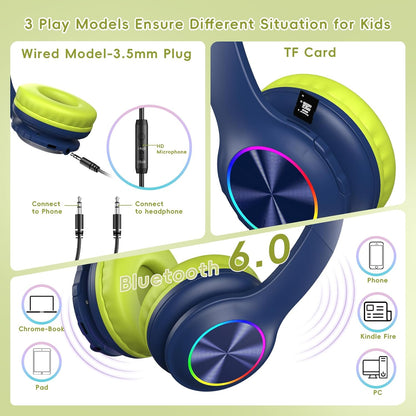 Kids Bluetooth 6.0 Headphones with LED Light, 85Hours Playtimes, Type-C Fast Charging, 85/94Db Volume Limited, Wireless Headphones with Built-In Mic, Wired & TF Card Mode, Blue and Green