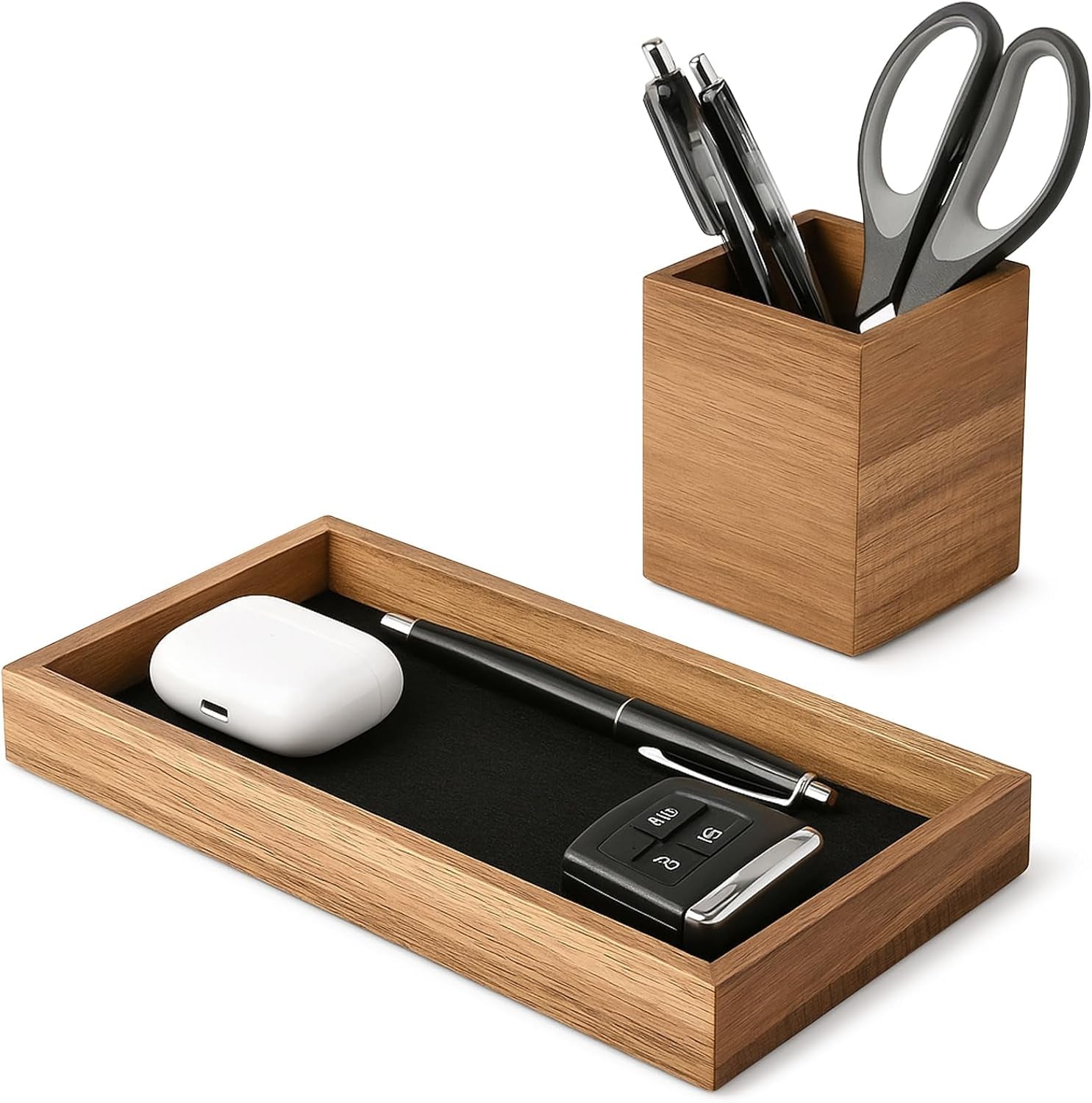 Wooden Desk Organizer Tray with Pen Holder, Non-Slip Desk Tray and Pencil Holder Set with Felt Lined, Desktop Accessories for Home Office Workspace Organization