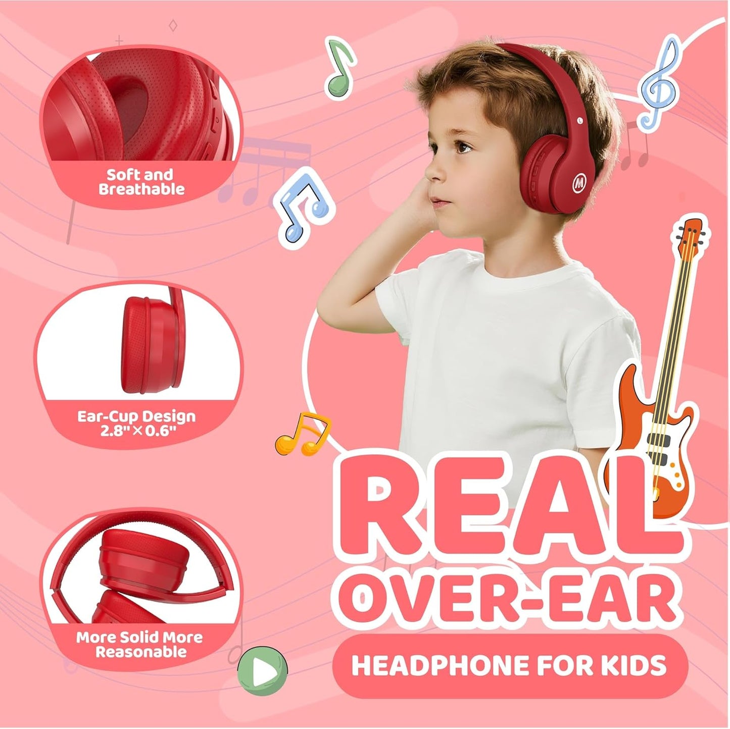 Headphones Kids Bluetooth 5.4 Wireless Play Time 68H Safe Volume Limit 85/94Db Over-Ear Foldable Headset,Fast Charging,With Aux Cord Built-In Mic for Toddler Child Pad Study Tablet Red