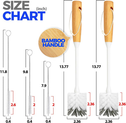 5 Pack Bottle Brush Cleaner Set, 14" Bamboo Handle Bottle Cleaner Brush, 3 Straw Brushes, Bottle Cleaning Brush for Water Bottle, Cups, Baby Bottle, Straws Grey White
