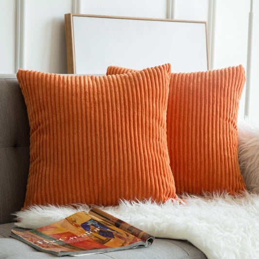 Winter Fall Pack of 2 Orange Pillow Covers 18X18 Inch Soft Boho Striped Corduroy Throw Pillow Covers Decorative Square Cushion Cases Pillowcases for Sofa Bedroom Couch Home Decor.