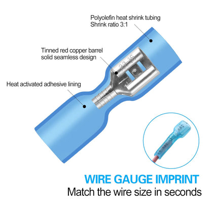 100 PCS 16-14 AWG Waterproof Heat Shrink Quick Disconnect Connectors, Crimp Electrical Wire Female Spade Connectors Insulated Disconnect for Marine Automotive Motorcycle Home Wiring (Blue)
