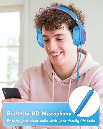 Wired Headphones with Microphone, K16 On-Ear Headphones for Kids with 3.5MM Jack, Foldable Stereo Bass Headphones for Teens School Amazon Kindle, Fire, Chromebook, Tablet(Light Blue Red)
