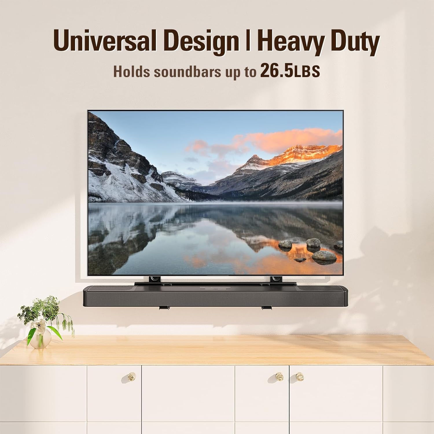 Soundbar Mount, Heavy Duty Soundbar Wall Mount for Most Sound Bars with Hole/Without Hole up to 26.5 LBS, Soundbar Bracket Height Adjust, No-Slip Base Holder Extends 3.44”-6.06”, MD5428