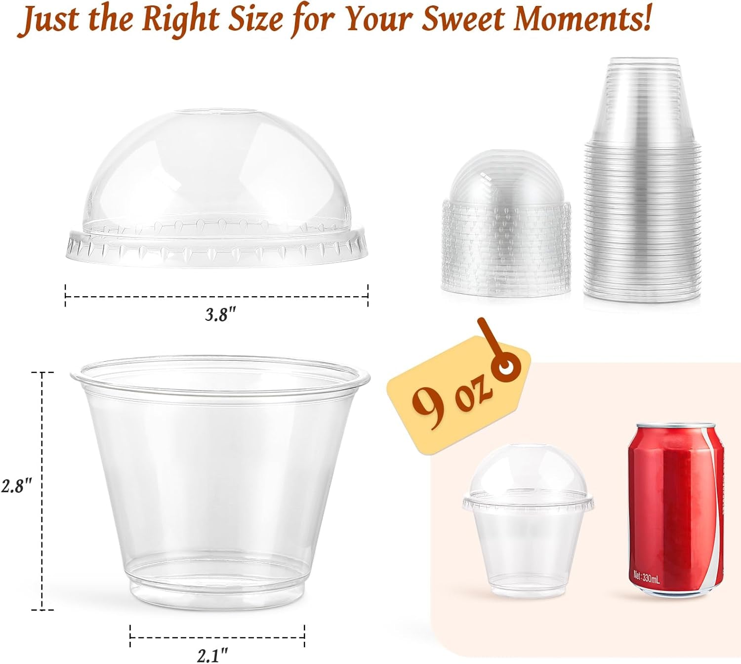 50 Sets, 9 Oz Clear Plastic Cups with Dome Lids (No Hole) - Disposable Cups for Ice Cream,Cake,Fruit,Parfait, Dessert, Pudding and Jello Shot