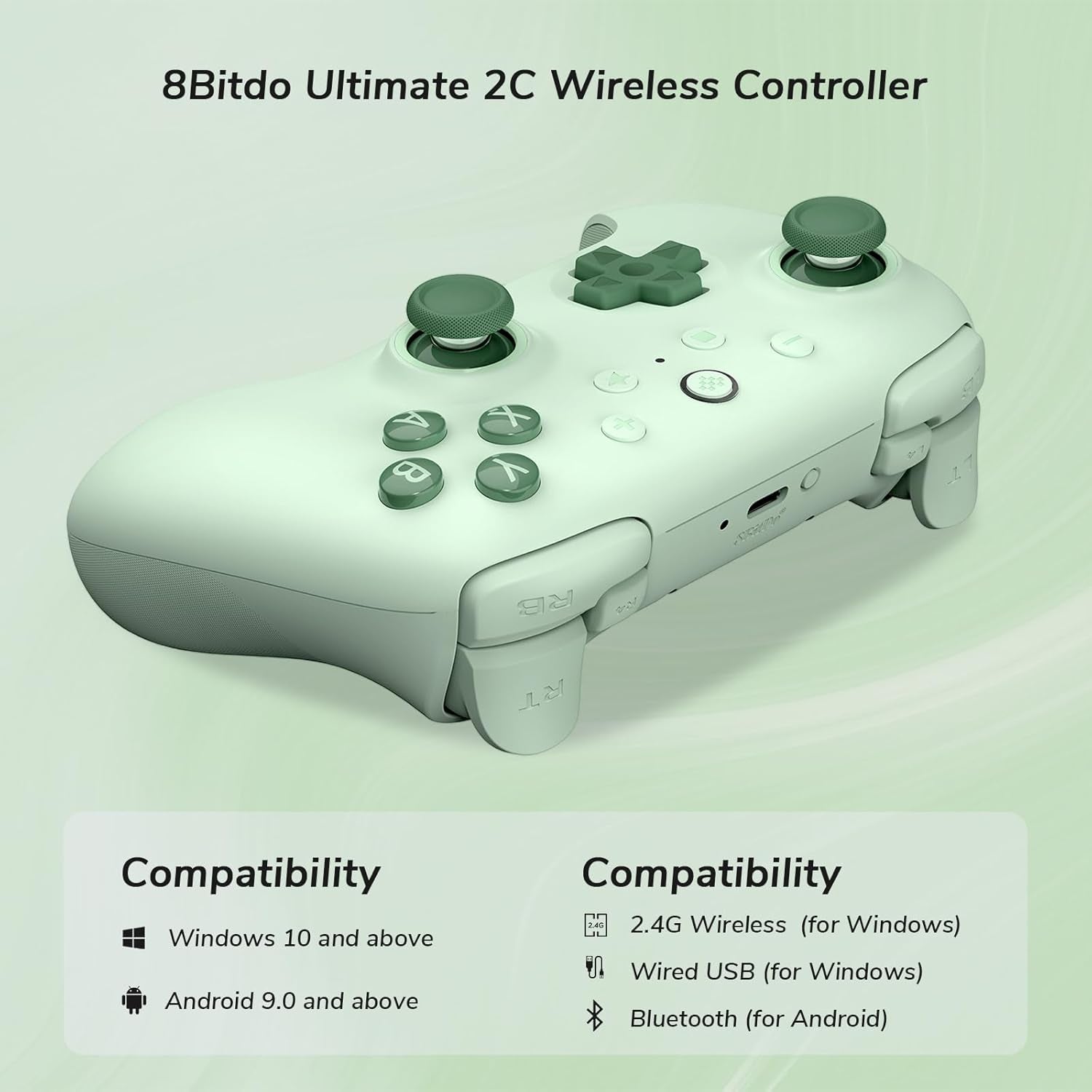 Ultimate 2C Wireless Controller for Windows PC and Android, Gamepad with 1000Hz Polling Rate, Remappable L4/R4 Bumpers, Rumble Vibration and Turbo Function(Green)