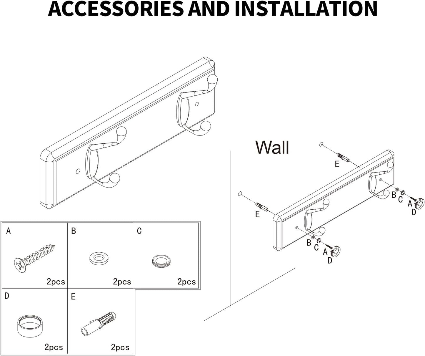 Wooden Coat Rack, Wall-Mounted Organizer for Closet, Entryway, Hallway, Foyer, Bedroom, Heavy Duty Double Hooks for Hanging Towels, Bags, Hats, Jackets, Key (White, 2 Hooks)