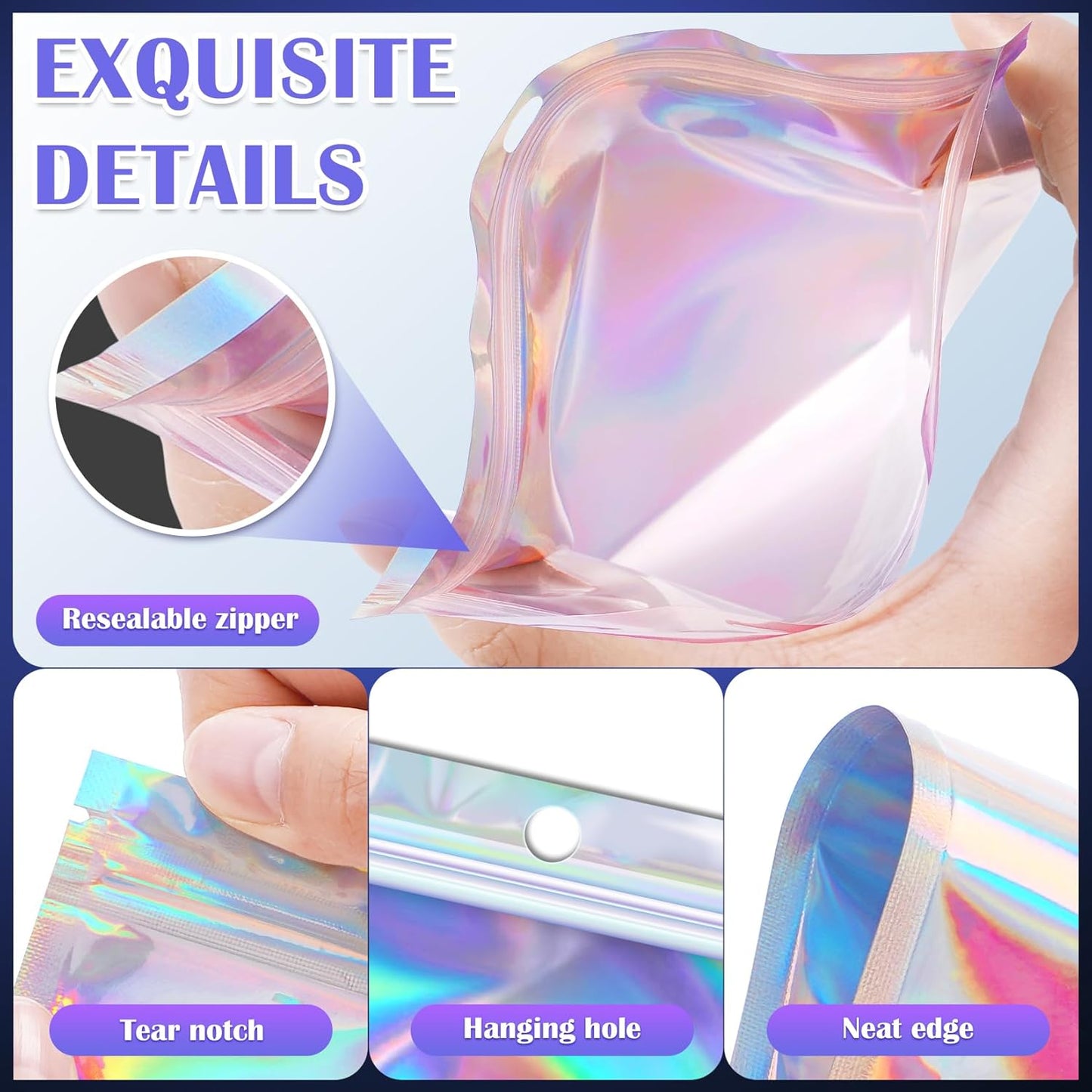 100 Pcs Resealable Mylar Bags, Smell Proof Goodie Bags with Clear Window, Small Holographic Bags for Halloween, Gift, Candy, Bracelet, Keychain, Treat, Product, Sealable Plastic Bags