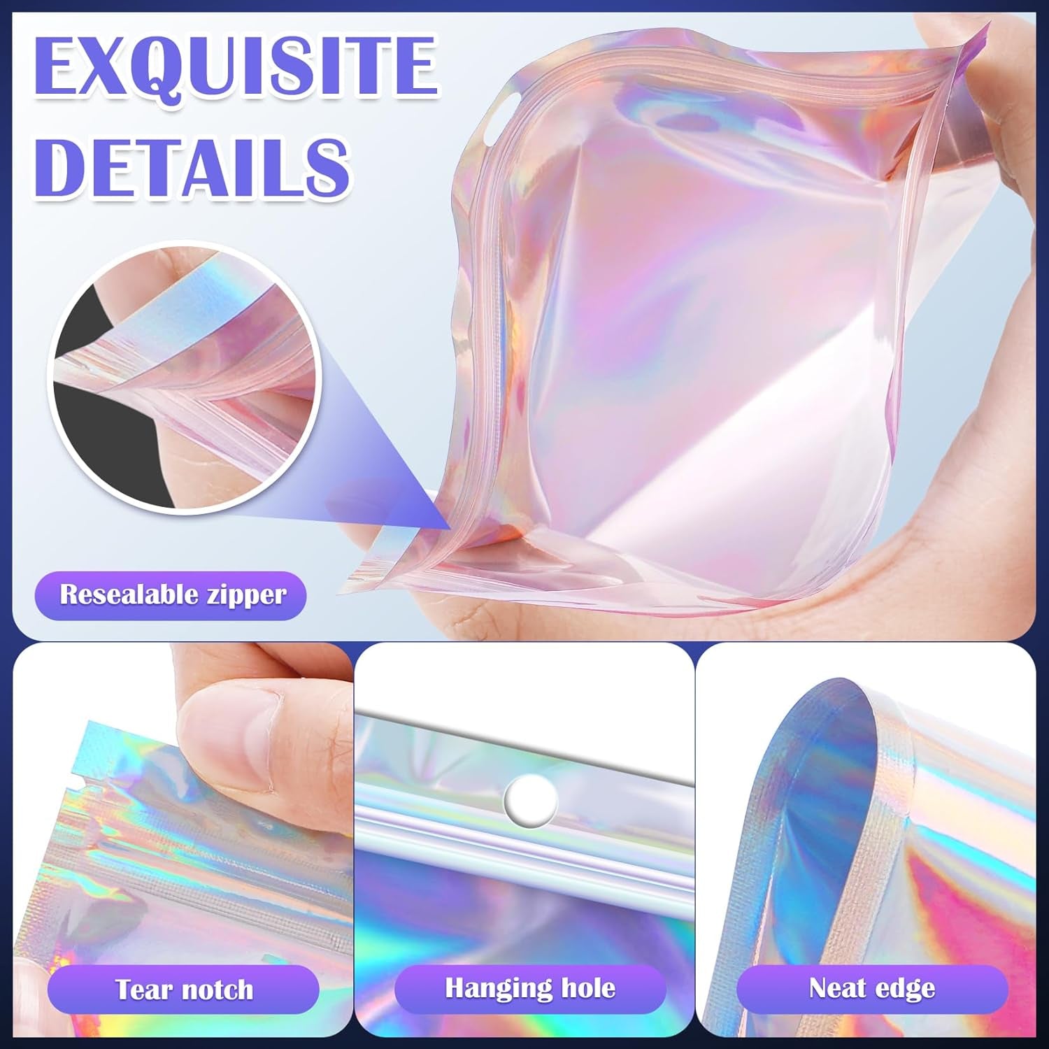 100 Pcs Resealable Mylar Bags, Smell Proof Goodie Bags with Clear Window, Small Holographic Bags for Halloween, Gift, Candy, Bracelet, Keychain, Treat, Product, Sealable Plastic Bags