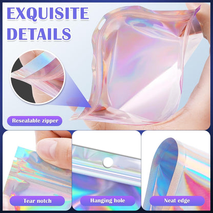 100 Pcs Resealable Mylar Bags, Smell Proof Goodie Bags with Clear Window, Small Holographic Bags for Halloween, Gift, Candy, Bracelet, Keychain, Treat, Product, Sealable Plastic Bags