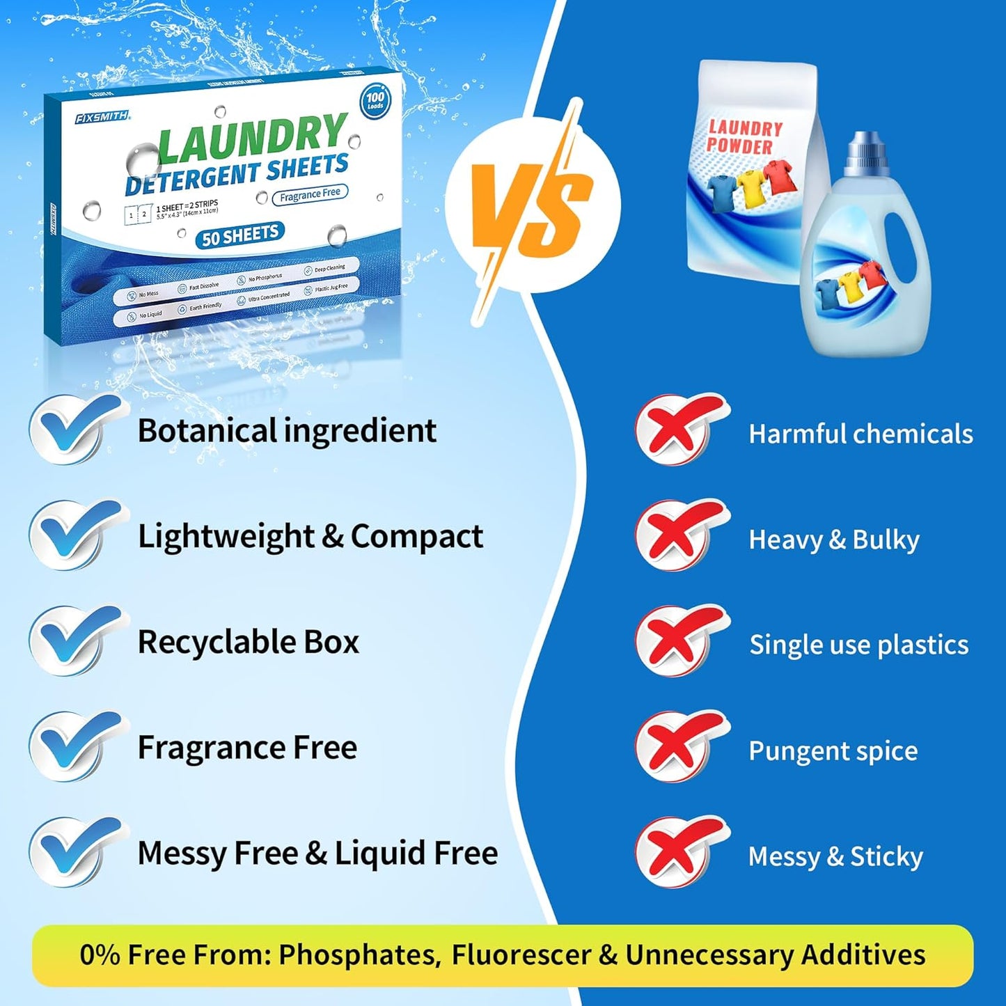 Laundry Detergent Sheets - 100 Loads (50 Sheets) Fragrance Free - Hypoallergenic,Unscented,Eco Friendly Laundry Detergent Strips Concentrated Travel Detergent Sheets.Plastic-Free,Liquidless