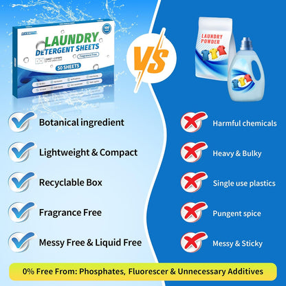 Laundry Detergent Sheets - 100 Loads (50 Sheets) Fragrance Free - Hypoallergenic,Unscented,Eco Friendly Laundry Detergent Strips Concentrated Travel Detergent Sheets.Plastic-Free,Liquidless