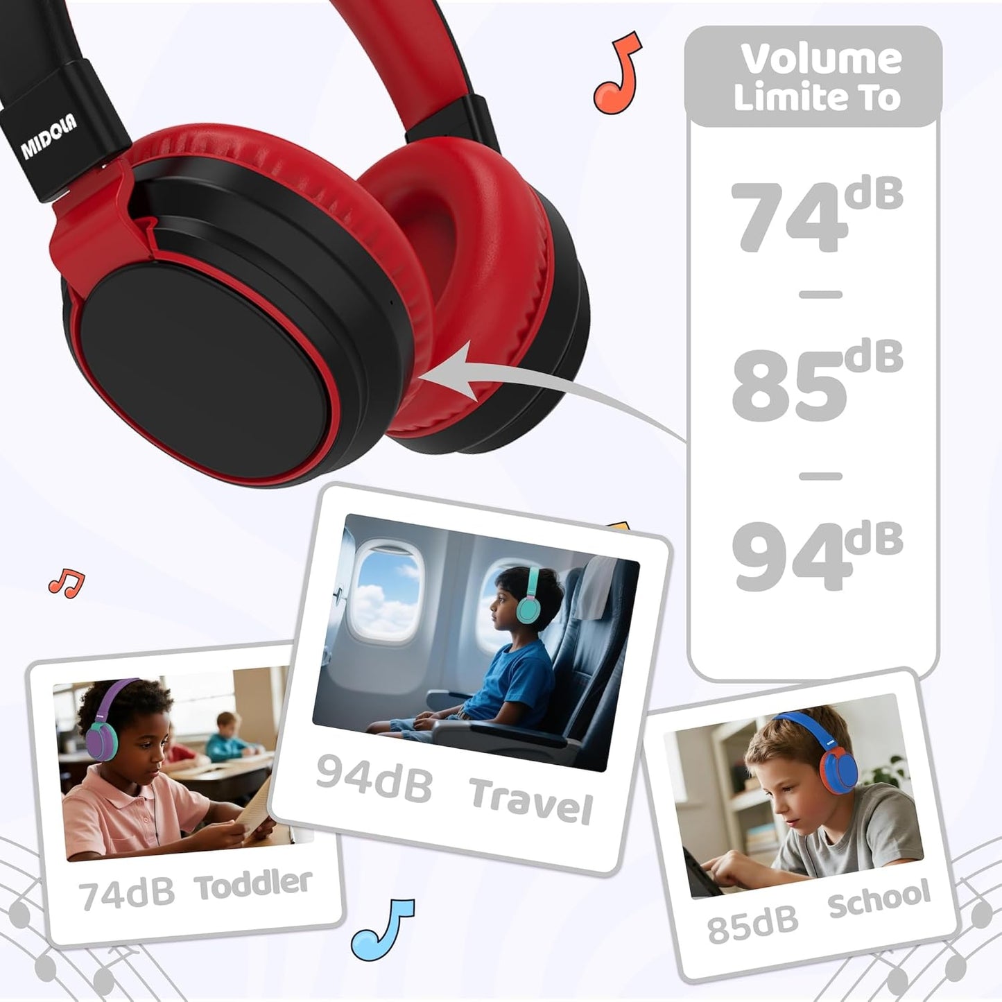 Kids Headphones Bluetooth 5.3 Wireless 60H Play Time Volume Limited 85/110Db over Ear Foldable Protection Headset/Wired Aux Built-In Mic for Boy Girl Travel School Pad Tablet Black